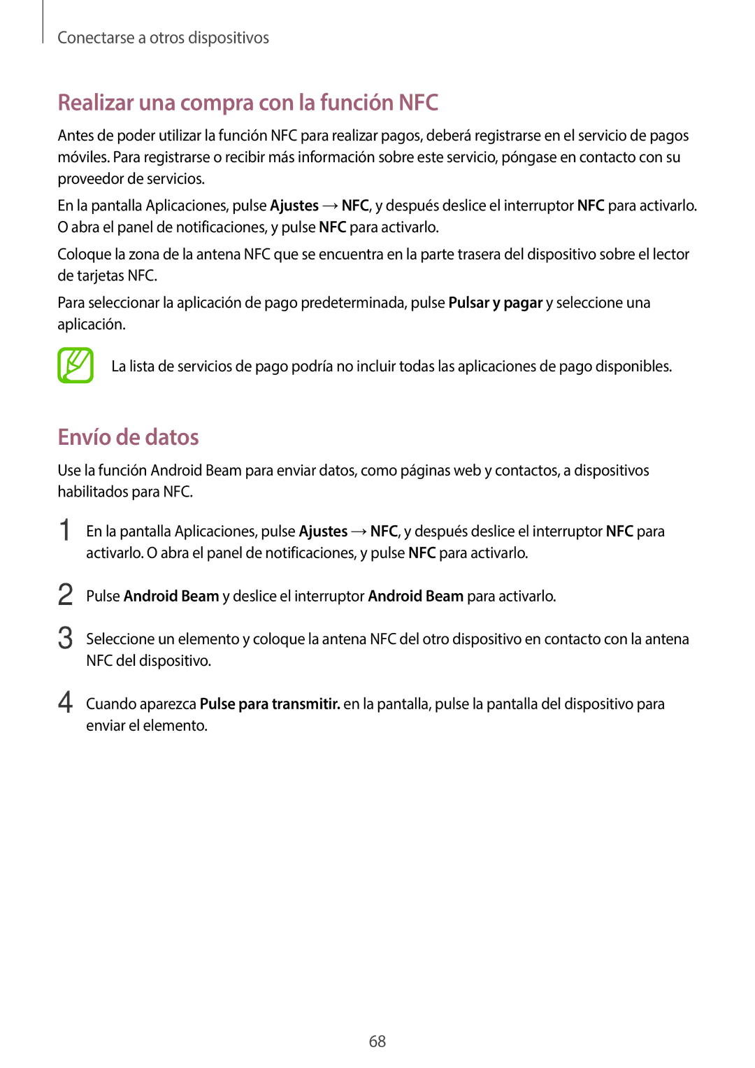 Samsung SM-G361FZWAPHE, SM-G361FZSAPHE manual Realizar una compra con la función NFC, Envío de datos 