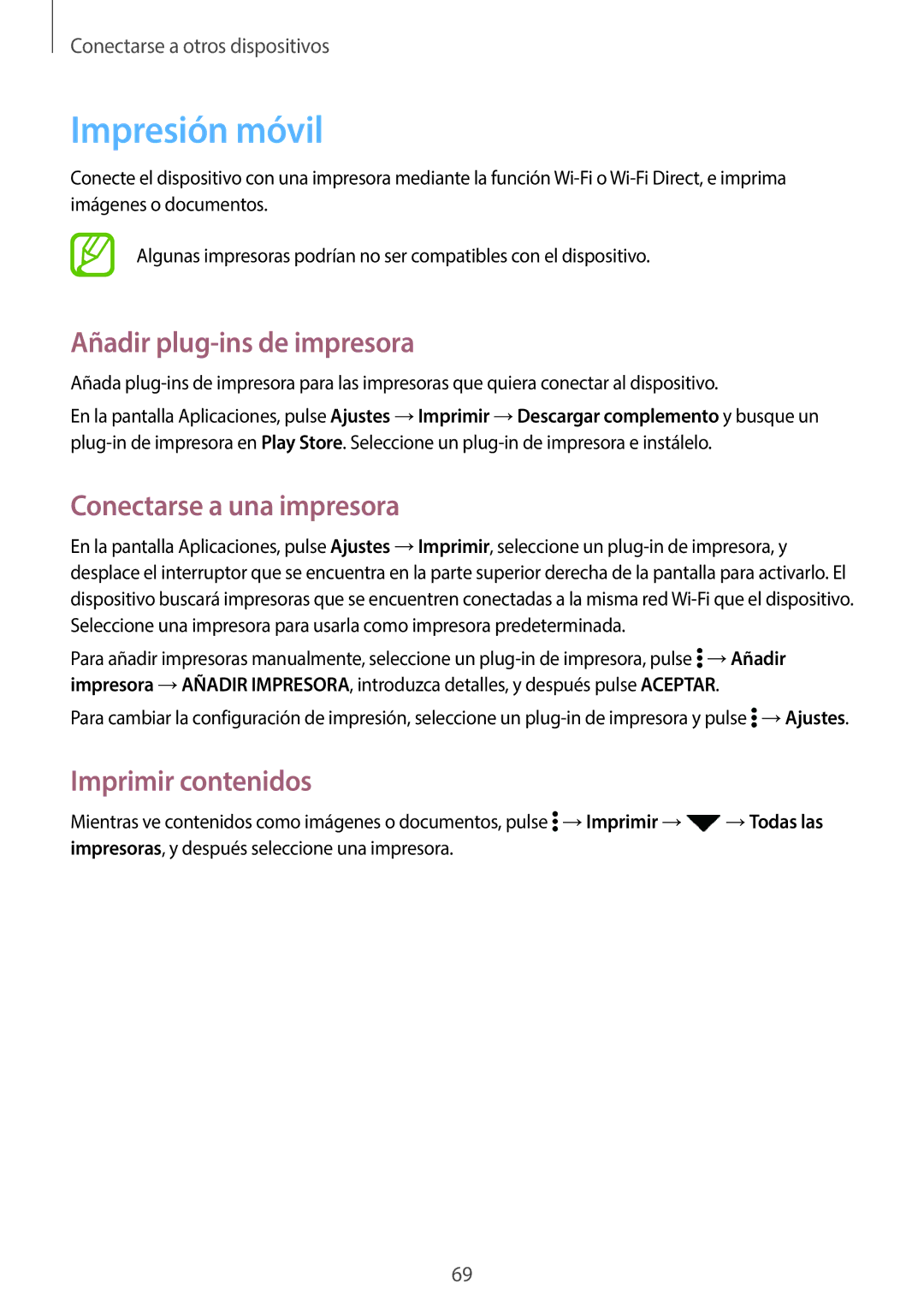 Samsung SM-G361FZSAPHE Impresión móvil, Añadir plug-ins de impresora, Conectarse a una impresora, Imprimir contenidos 