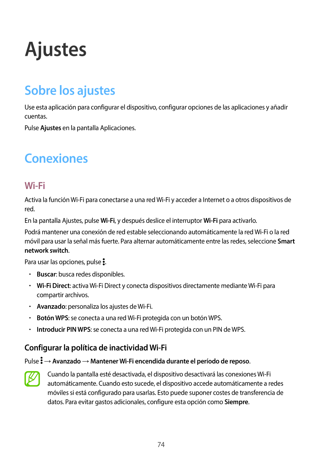 Samsung SM-G361FZWAPHE manual Ajustes, Sobre los ajustes, Conexiones, Configurar la política de inactividad Wi-Fi 