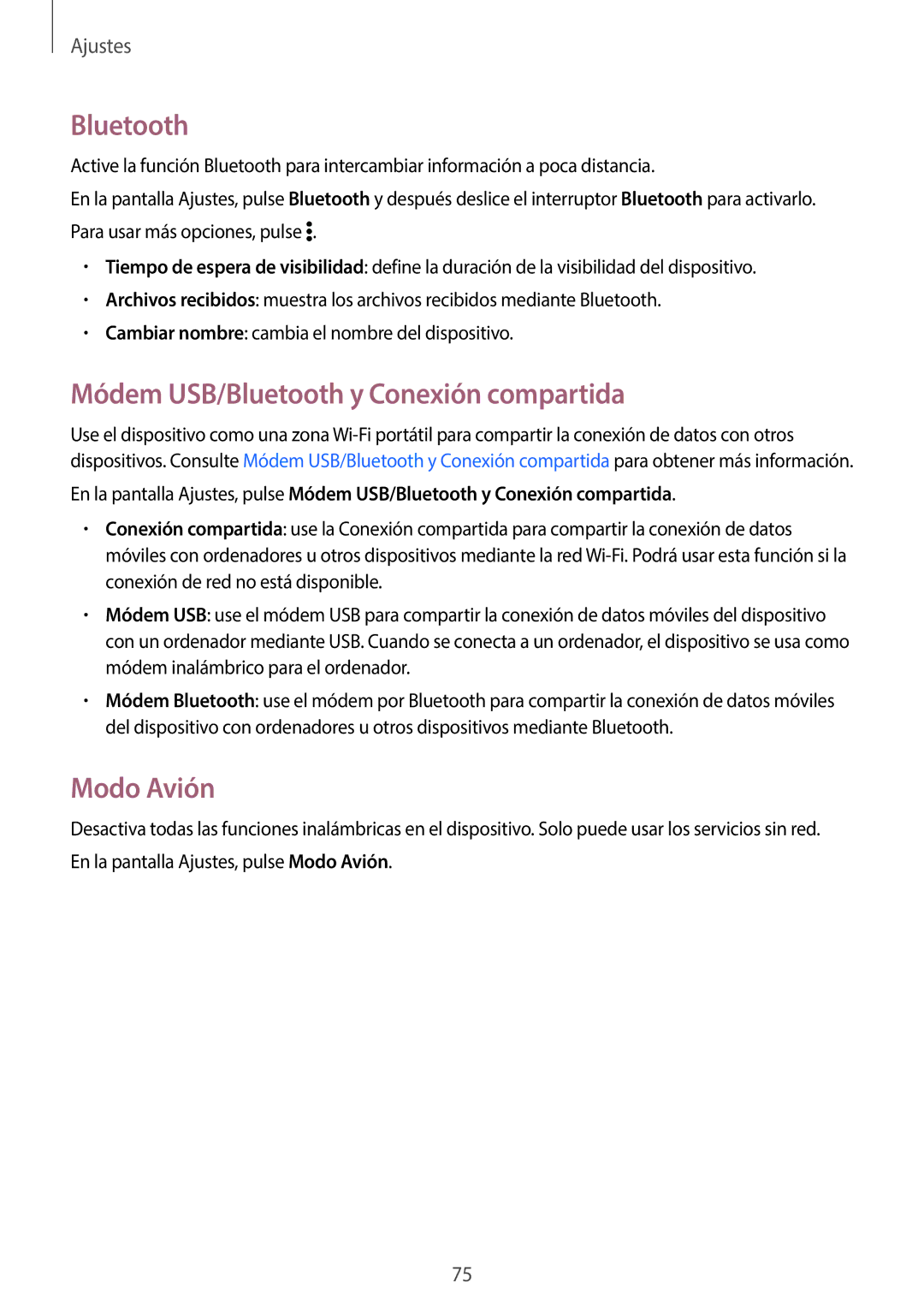 Samsung SM-G361FZSAPHE, SM-G361FZWAPHE manual Módem USB/Bluetooth y Conexión compartida, Modo Avión 