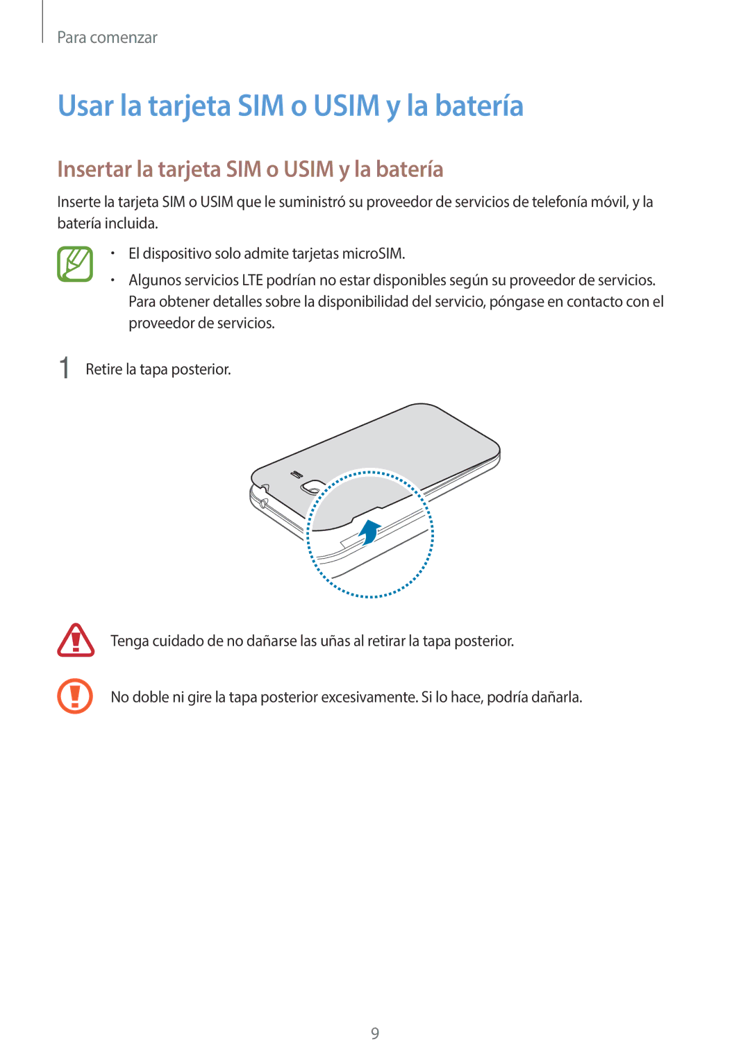 Samsung SM-G361FZSAPHE manual Usar la tarjeta SIM o Usim y la batería, Insertar la tarjeta SIM o Usim y la batería 