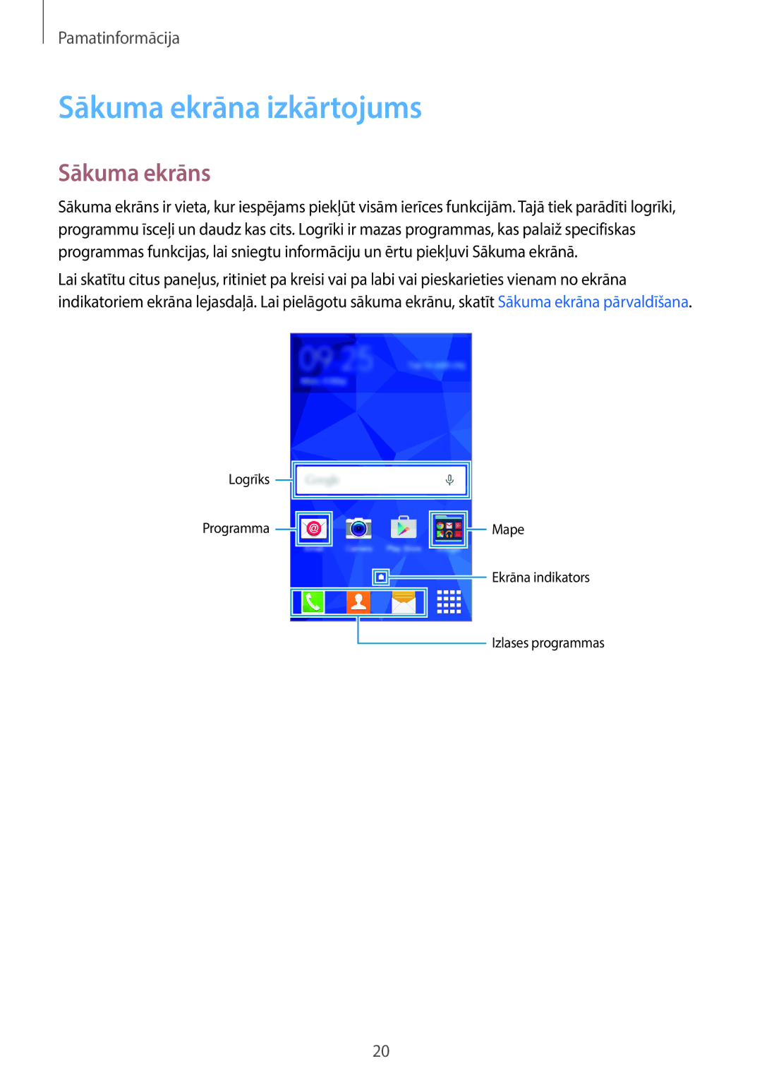 Samsung SM-G361FZSASEB, SM-G361FZWASEB, SM-G361FHAASEB manual Sākuma ekrāna izkārtojums, Sākuma ekrāns 