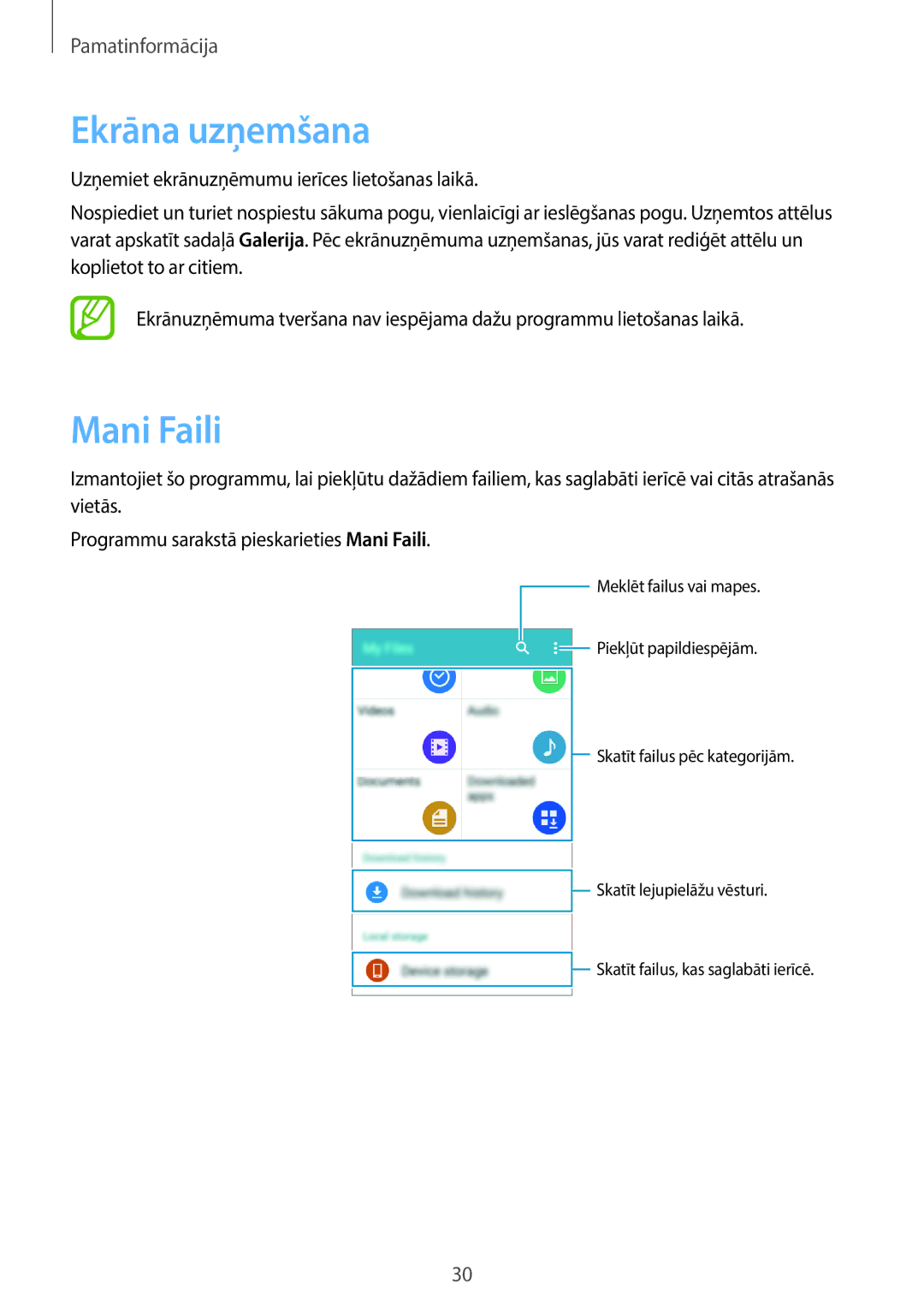 Samsung SM-G361FZWASEB, SM-G361FHAASEB, SM-G361FZSASEB manual Ekrāna uzņemšana, Mani Faili 