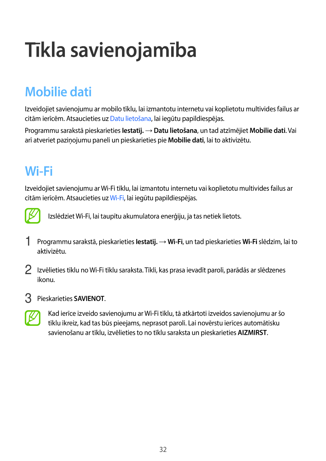 Samsung SM-G361FZSASEB, SM-G361FZWASEB, SM-G361FHAASEB manual Tīkla savienojamība, Mobilie dati, Wi-Fi 