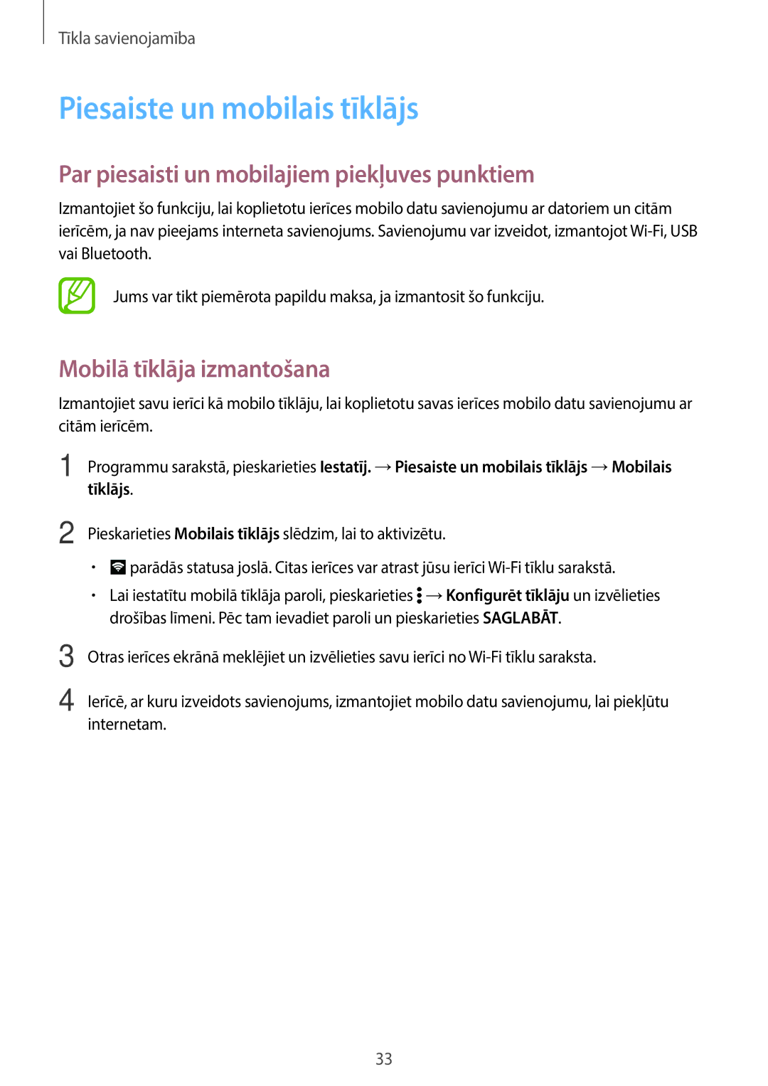 Samsung SM-G361FZWASEB, SM-G361FHAASEB manual Piesaiste un mobilais tīklājs, Par piesaisti un mobilajiem piekļuves punktiem 