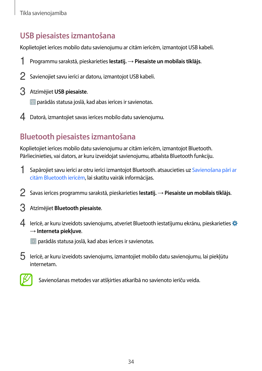 Samsung SM-G361FHAASEB, SM-G361FZWASEB, SM-G361FZSASEB manual USB piesaistes izmantošana, Bluetooth piesaistes izmantošana 