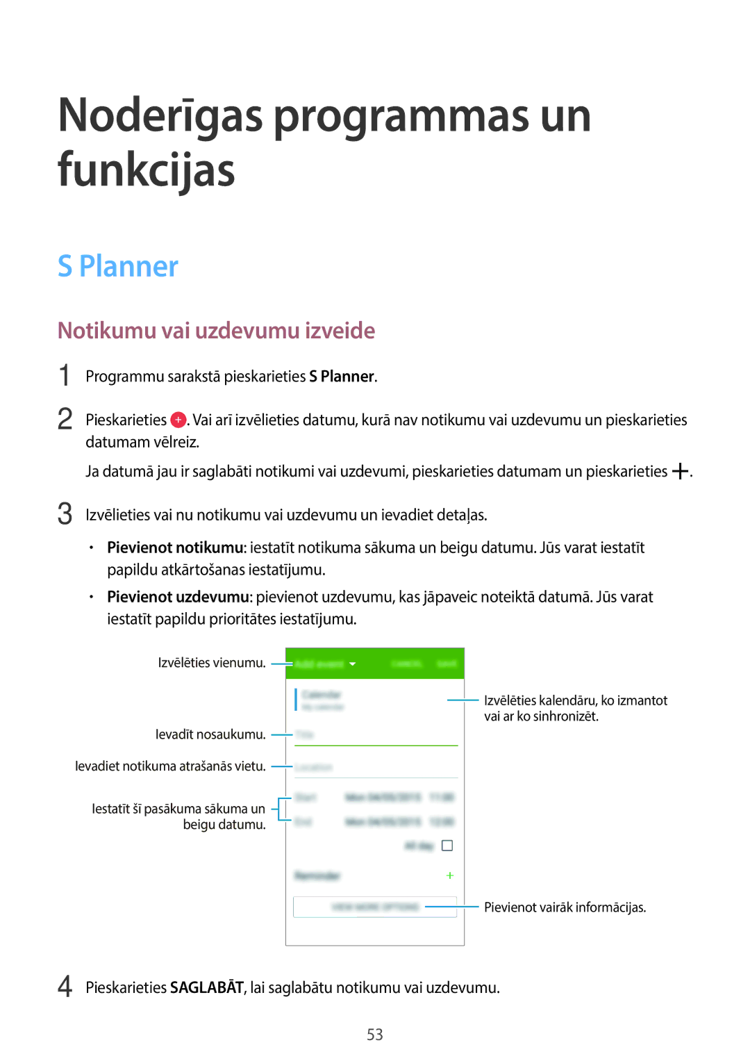 Samsung SM-G361FZSASEB, SM-G361FZWASEB, SM-G361FHAASEB manual Planner, Notikumu vai uzdevumu izveide 