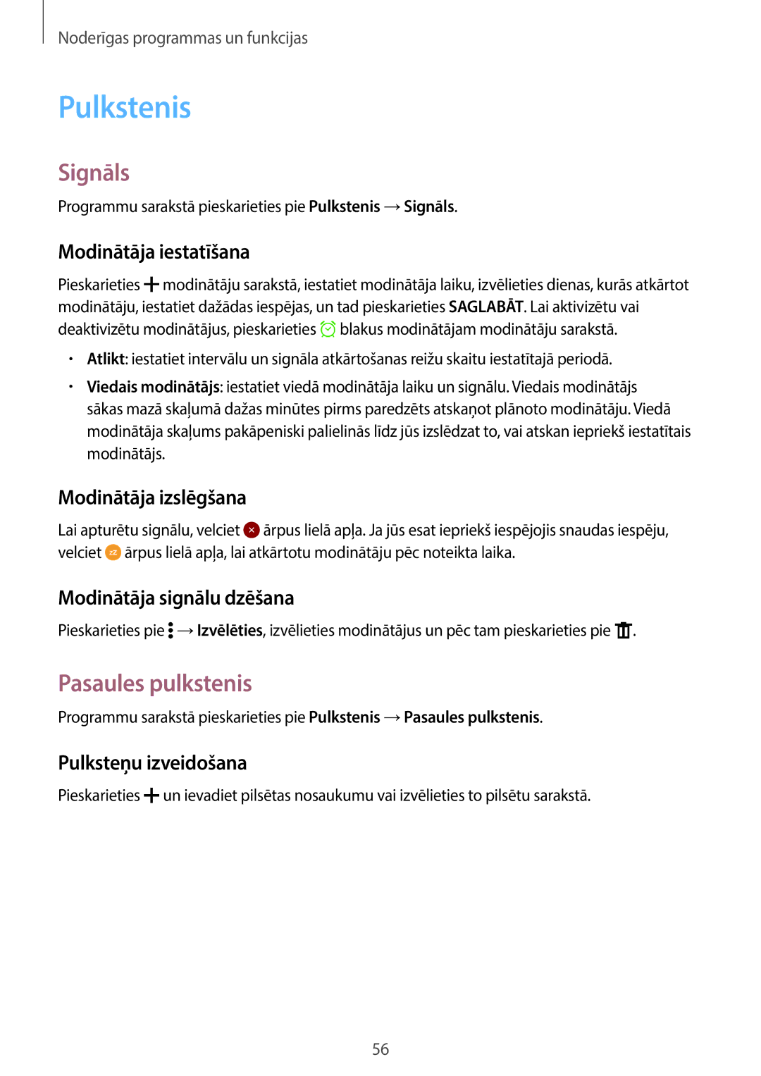 Samsung SM-G361FZSASEB, SM-G361FZWASEB, SM-G361FHAASEB manual Pulkstenis, Signāls, Pasaules pulkstenis 