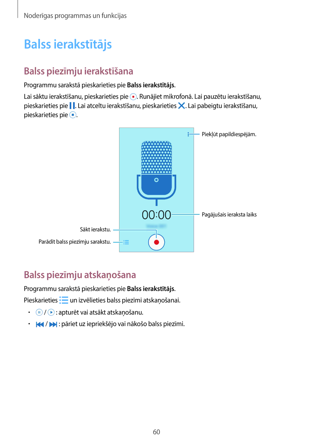 Samsung SM-G361FZWASEB, SM-G361FHAASEB manual Balss ierakstītājs, Balss piezīmju ierakstīšana, Balss piezīmju atskaņošana 