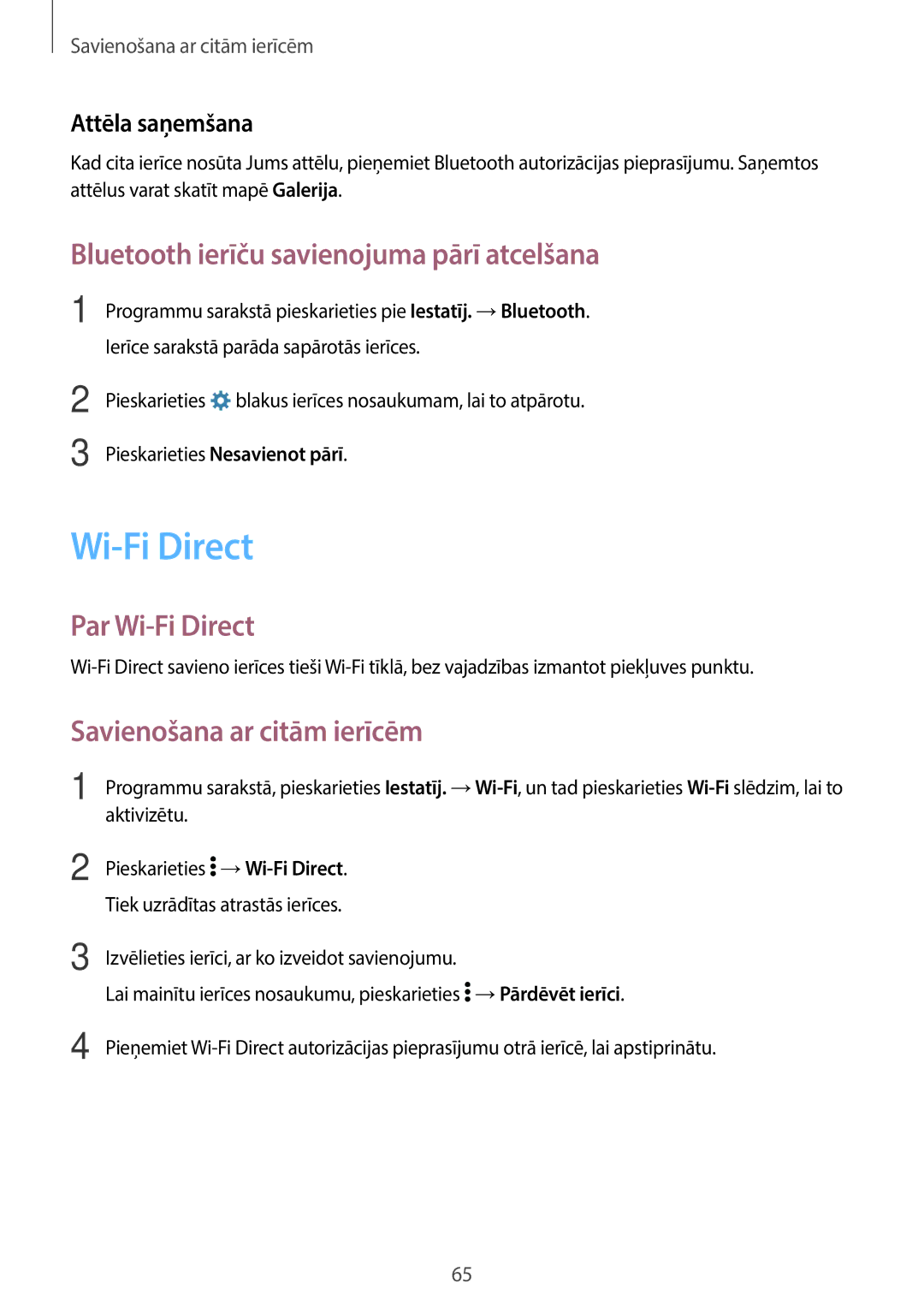 Samsung SM-G361FZSASEB Bluetooth ierīču savienojuma pārī atcelšana, Par Wi-Fi Direct, Savienošana ar citām ierīcēm 