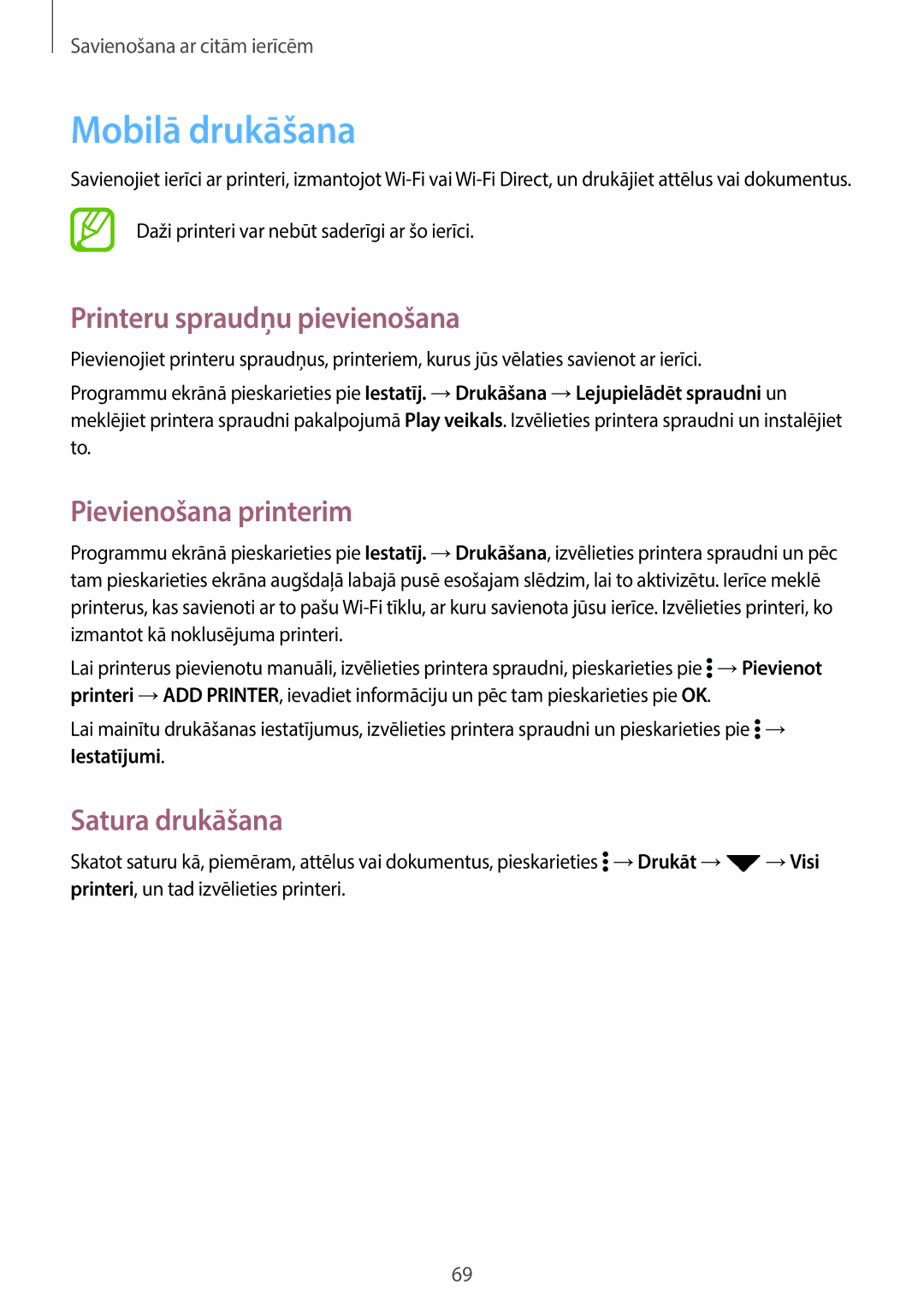 Samsung SM-G361FZWASEB manual Mobilā drukāšana, Printeru spraudņu pievienošana, Pievienošana printerim, Satura drukāšana 