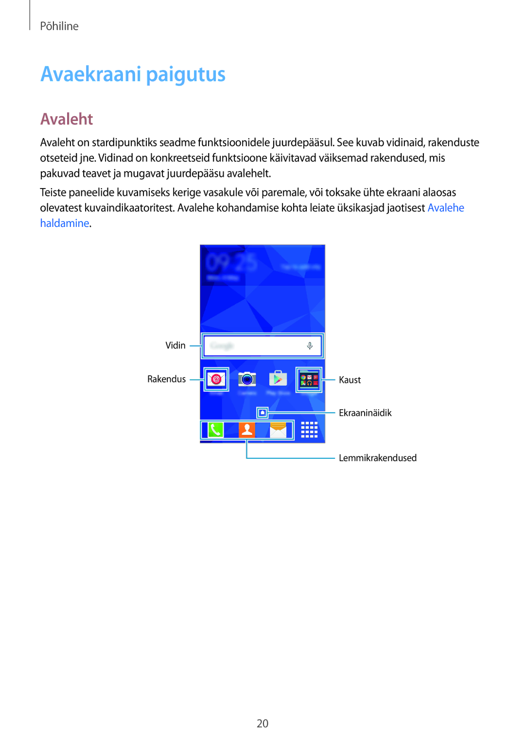 Samsung SM-G361FZSASEB, SM-G361FZWASEB, SM-G361FHAASEB manual Avaekraani paigutus, Avaleht 