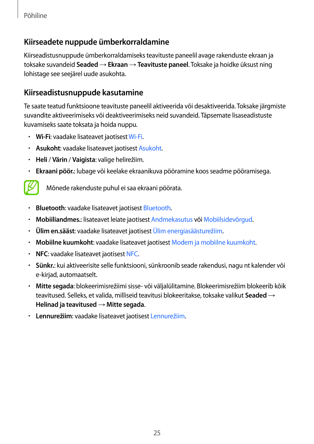 Samsung SM-G361FHAASEB, SM-G361FZWASEB manual Kiirseadete nuppude ümberkorraldamine, Kiirseadistusnuppude kasutamine 