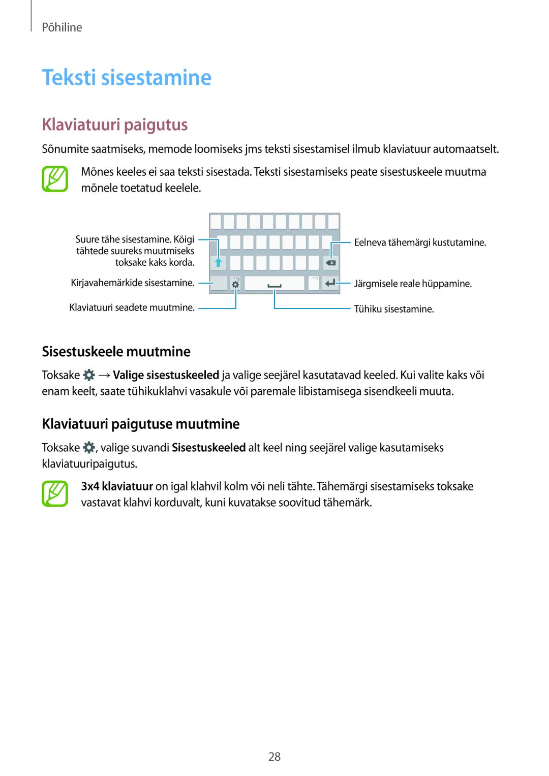 Samsung SM-G361FHAASEB, SM-G361FZWASEB manual Teksti sisestamine, Sisestuskeele muutmine, Klaviatuuri paigutuse muutmine 