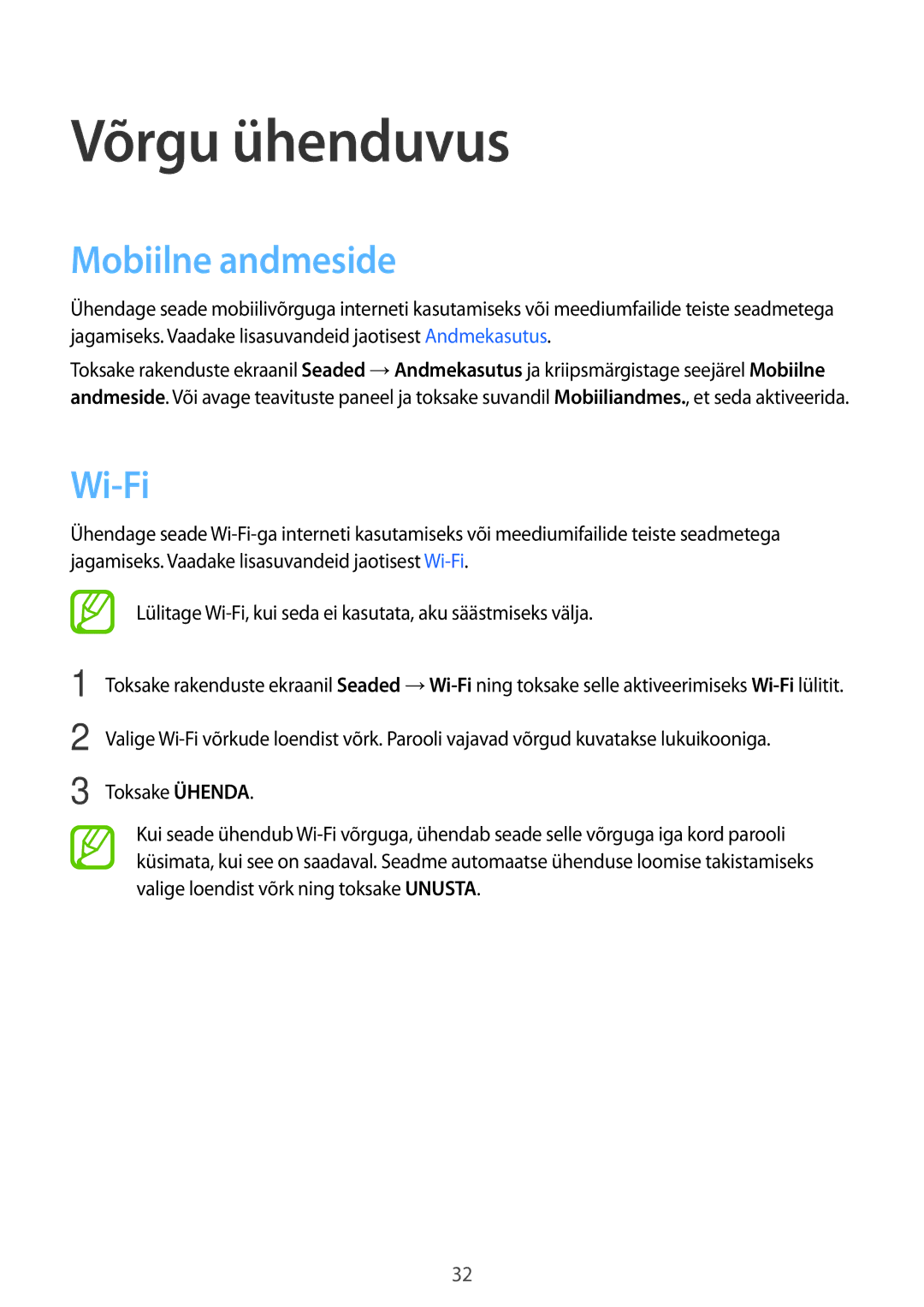 Samsung SM-G361FZSASEB, SM-G361FZWASEB, SM-G361FHAASEB manual Võrgu ühenduvus, Mobiilne andmeside, Wi-Fi 