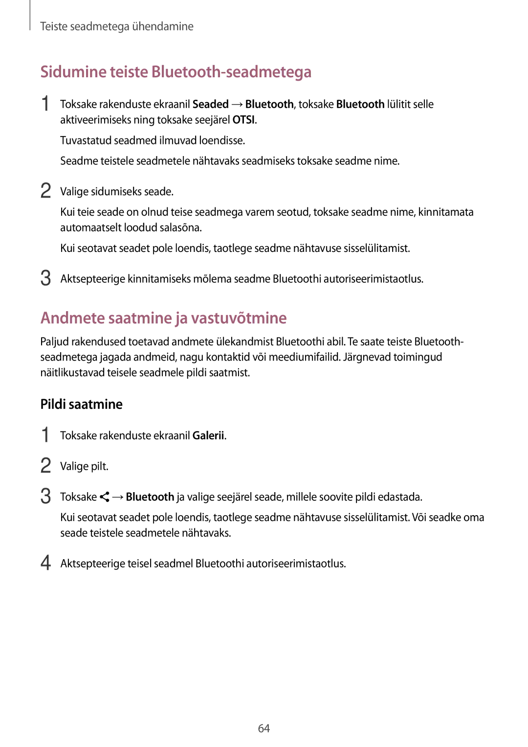 Samsung SM-G361FHAASEB manual Sidumine teiste Bluetooth-seadmetega, Andmete saatmine ja vastuvõtmine, Pildi saatmine 