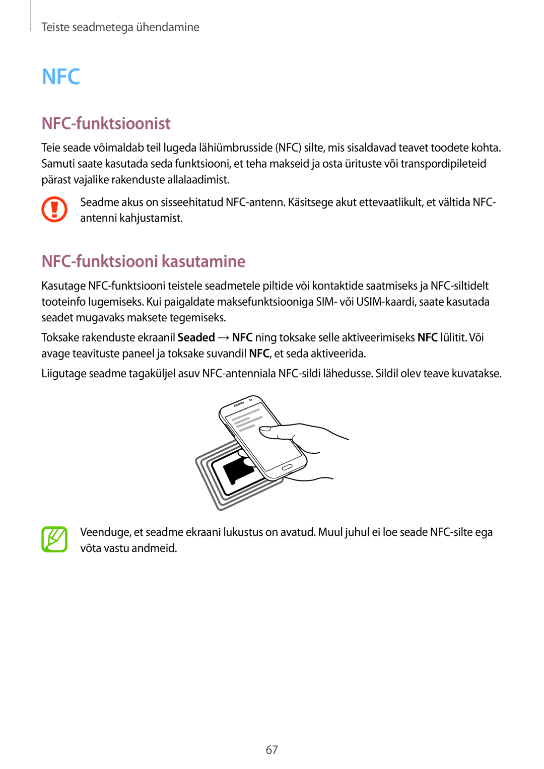 Samsung SM-G361FHAASEB, SM-G361FZWASEB, SM-G361FZSASEB manual NFC-funktsioonist, NFC-funktsiooni kasutamine 