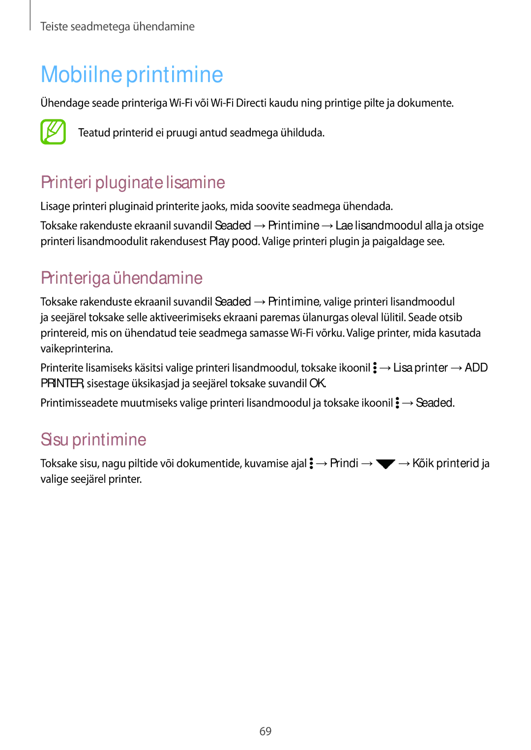 Samsung SM-G361FZWASEB manual Mobiilne printimine, Printeri pluginate lisamine, Printeriga ühendamine, Sisu printimine 