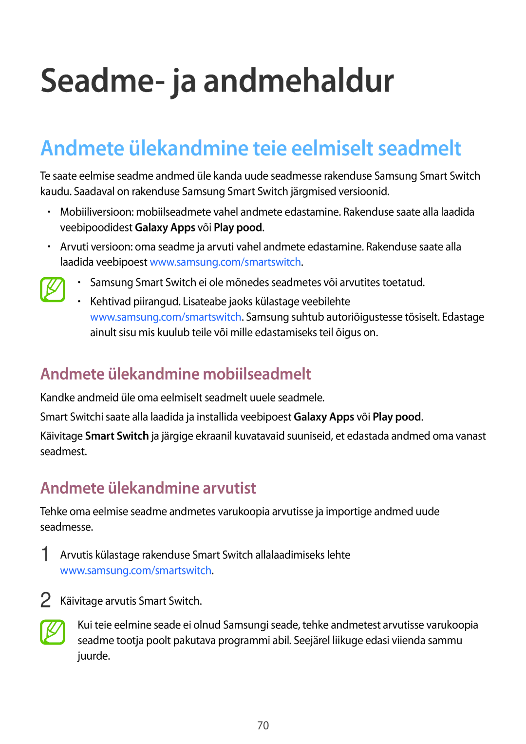 Samsung SM-G361FHAASEB manual Seadme- ja andmehaldur, Andmete ülekandmine mobiilseadmelt, Andmete ülekandmine arvutist 