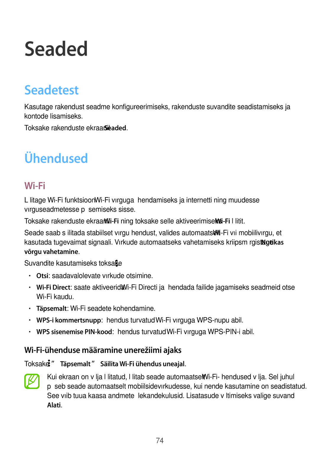 Samsung SM-G361FZSASEB, SM-G361FZWASEB manual Seaded, Seadetest, Ühendused, Wi-Fi-ühenduse määramine unerežiimi ajaks 