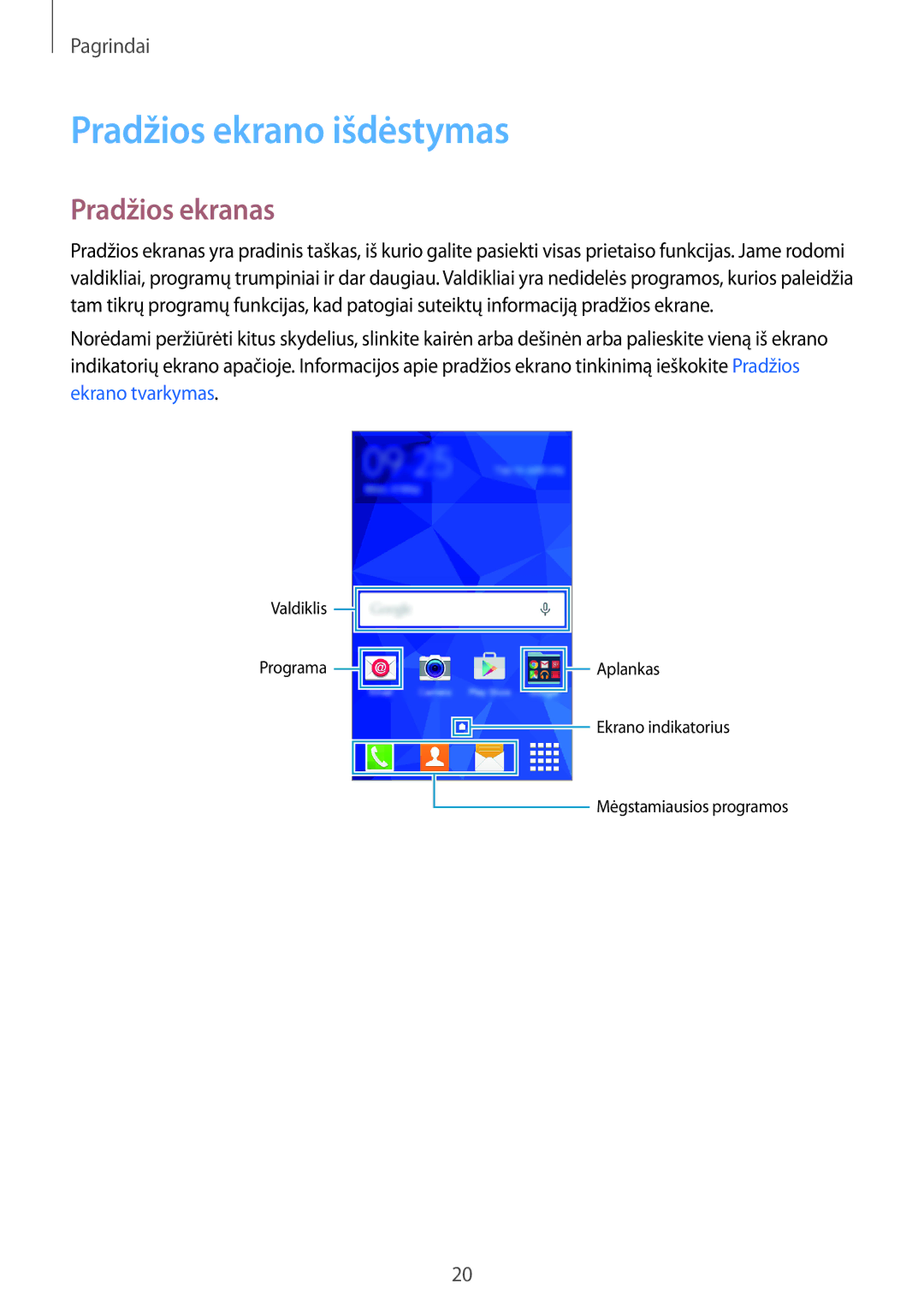 Samsung SM-G361FZSASEB, SM-G361FZWASEB, SM-G361FHAASEB manual Pradžios ekrano išdėstymas, Pradžios ekranas 