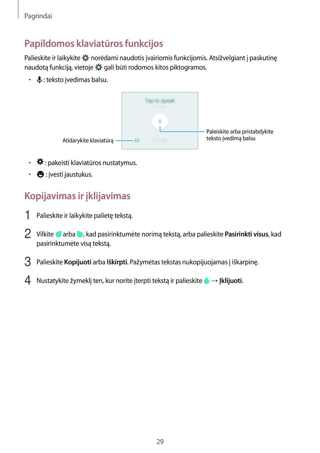 Samsung SM-G361FZSASEB manual Papildomos klaviatūros funkcijos, Kopijavimas ir įklijavimas, Pasirinktumėte visą tekstą 