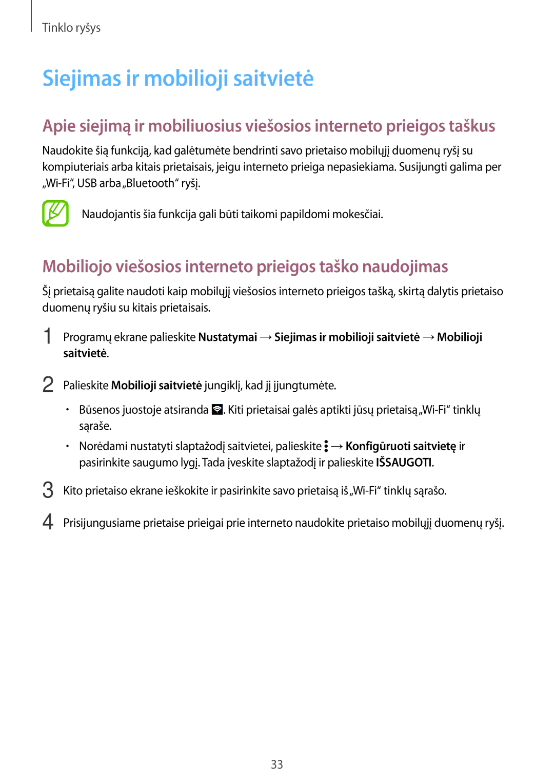 Samsung SM-G361FZWASEB manual Siejimas ir mobilioji saitvietė, Mobiliojo viešosios interneto prieigos taško naudojimas 