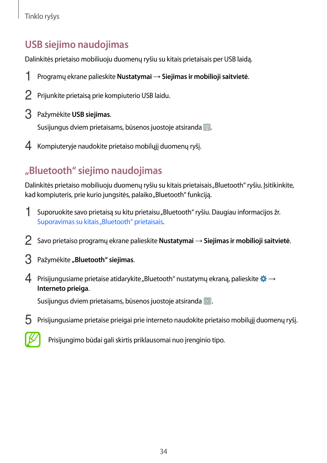 Samsung SM-G361FHAASEB manual USB siejimo naudojimas, „Bluetooth siejimo naudojimas, Pažymėkite „Bluetooth siejimas 