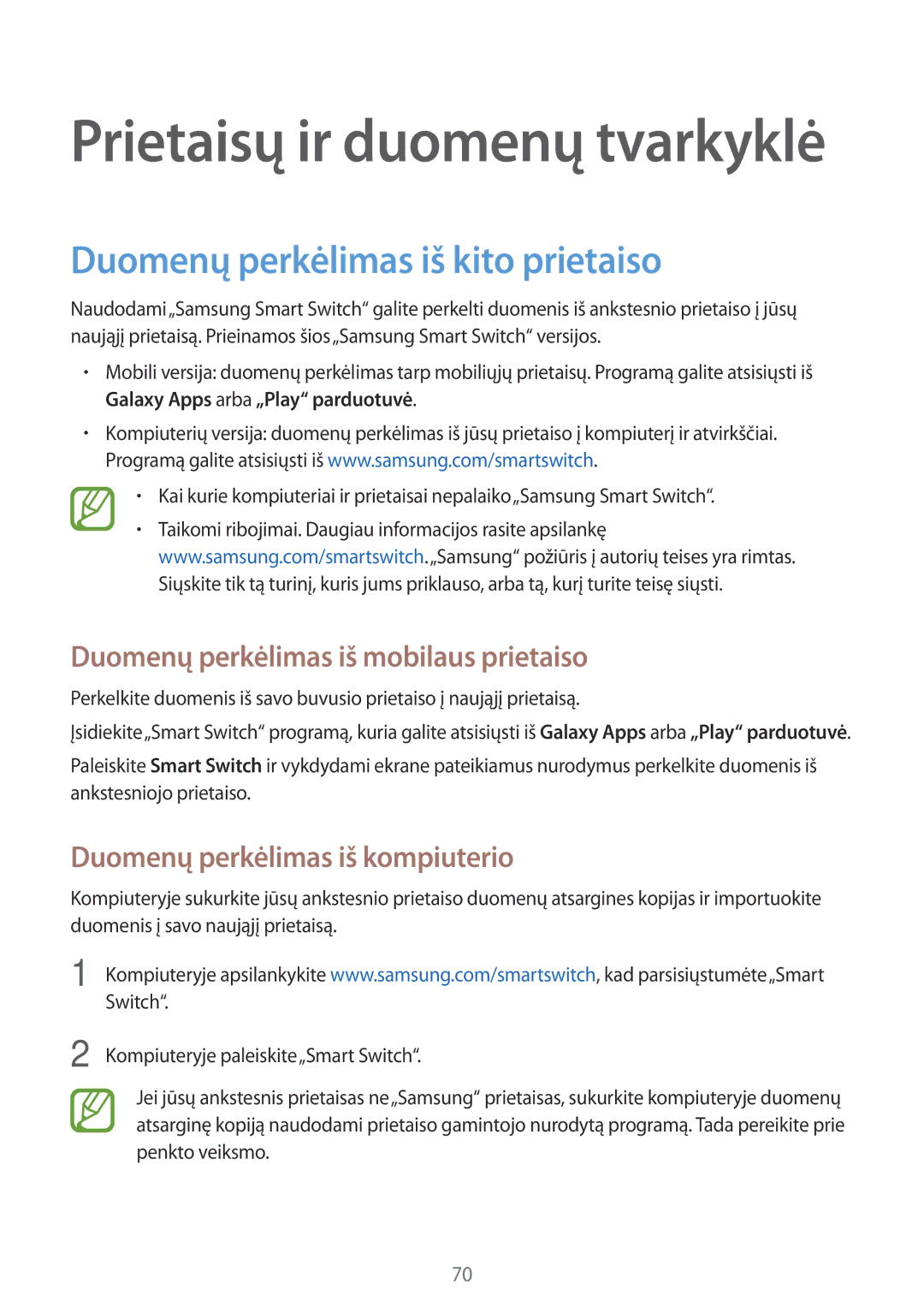 Samsung SM-G361FHAASEB, SM-G361FZWASEB manual Duomenų perkėlimas iš kito prietaiso, Duomenų perkėlimas iš mobilaus prietaiso 