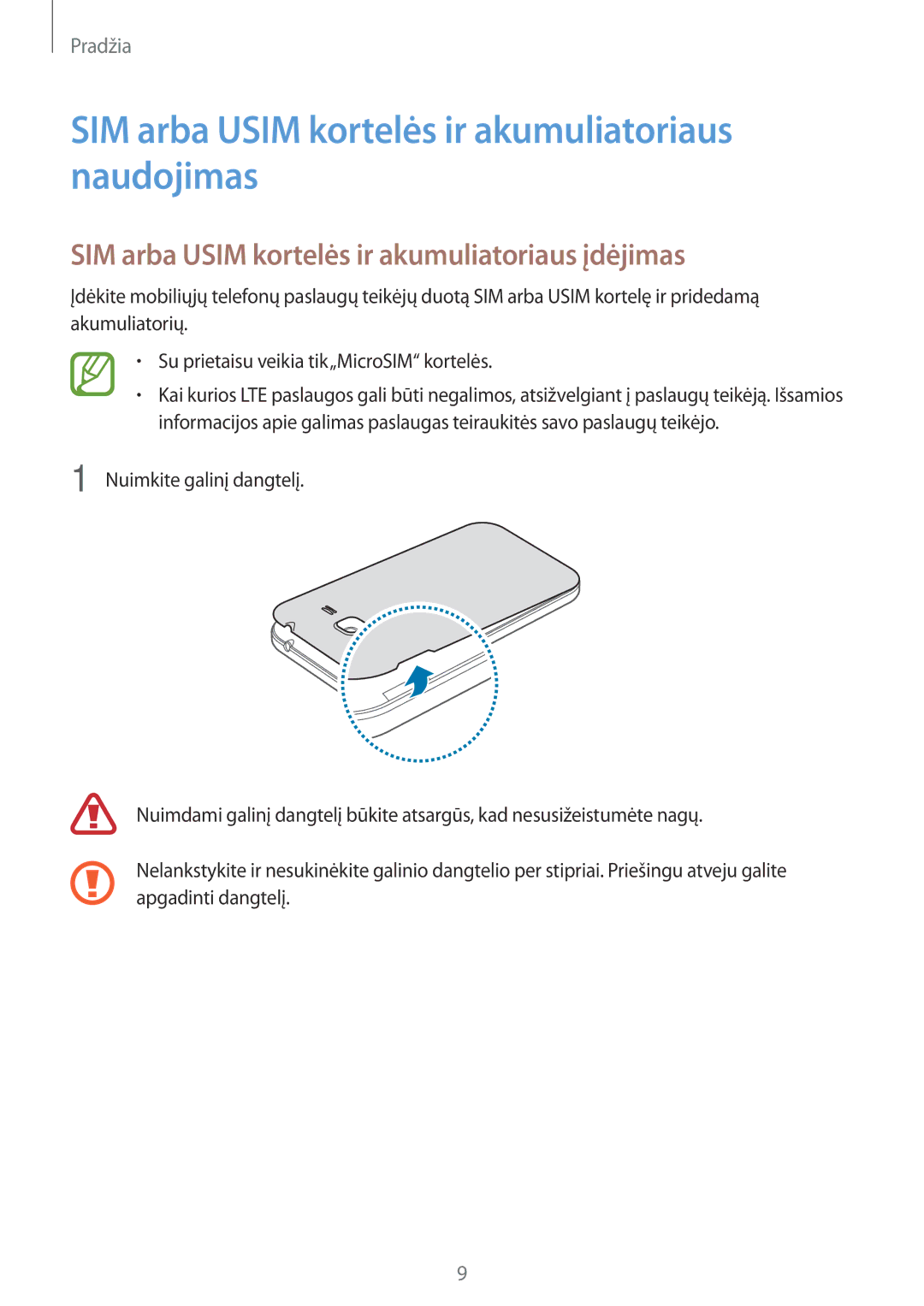 Samsung SM-G361FZWASEB, SM-G361FHAASEB, SM-G361FZSASEB manual SIM arba Usim kortelės ir akumuliatoriaus naudojimas 