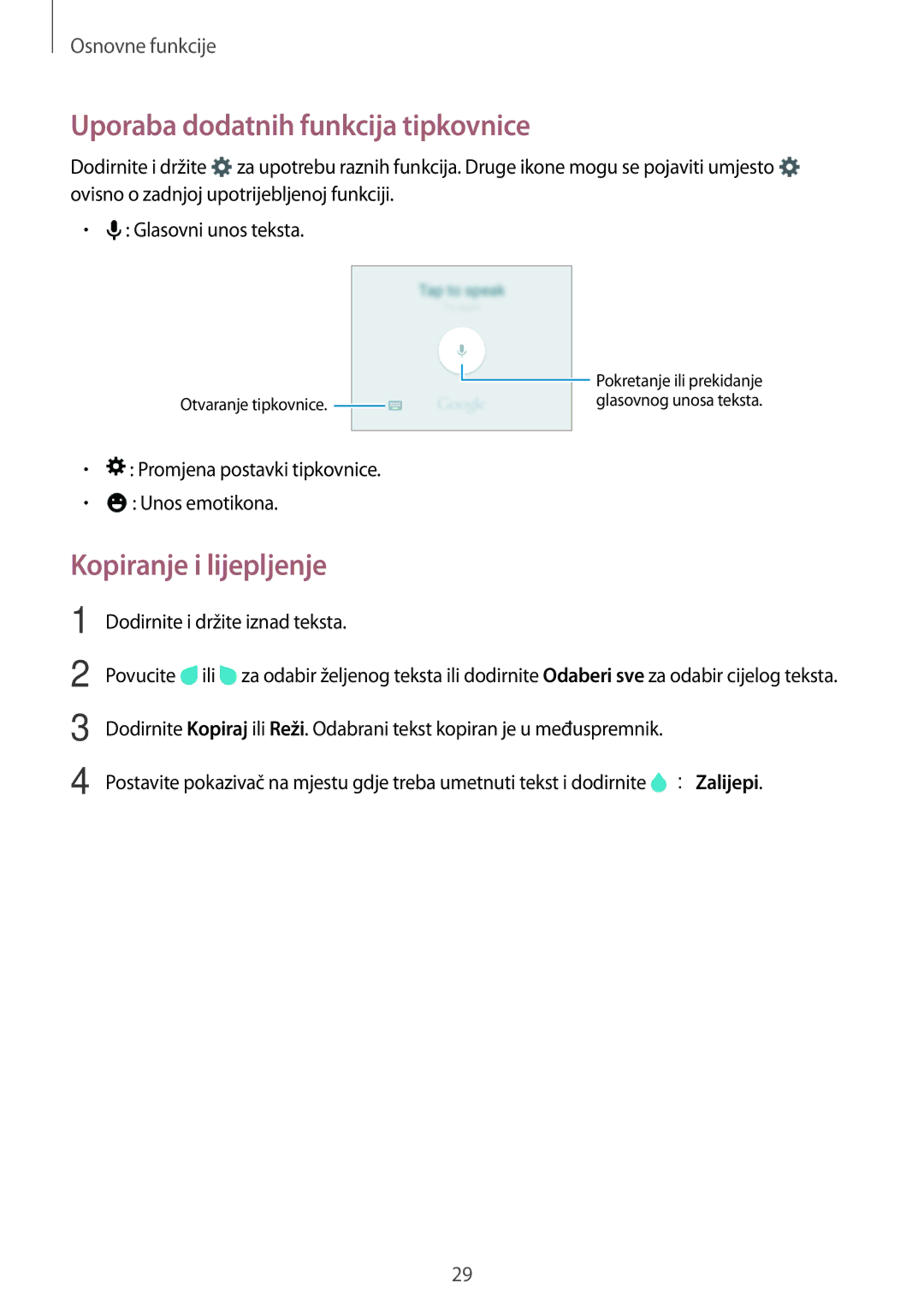 Samsung SM-G361FZWASEE manual Uporaba dodatnih funkcija tipkovnice, Kopiranje i lijepljenje 