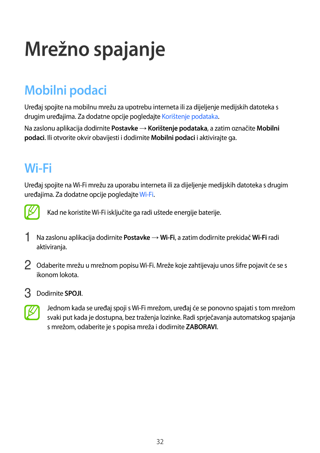 Samsung SM-G361FZWASEE manual Mrežno spajanje, Mobilni podaci, Wi-Fi 