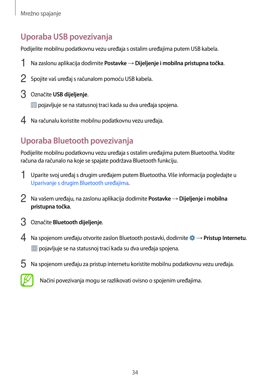 Samsung SM-G361FZWASEE manual Uporaba USB povezivanja, Uporaba Bluetooth povezivanja 