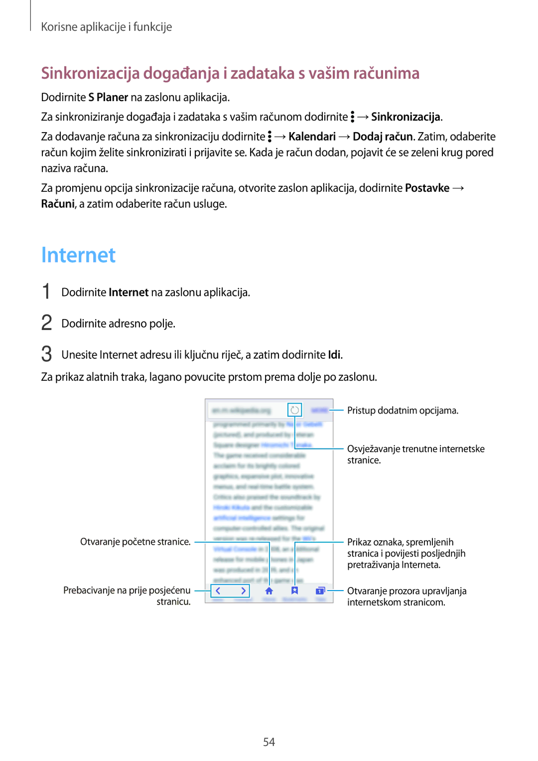 Samsung SM-G361FZWASEE manual Internet, Sinkronizacija događanja i zadataka s vašim računima 