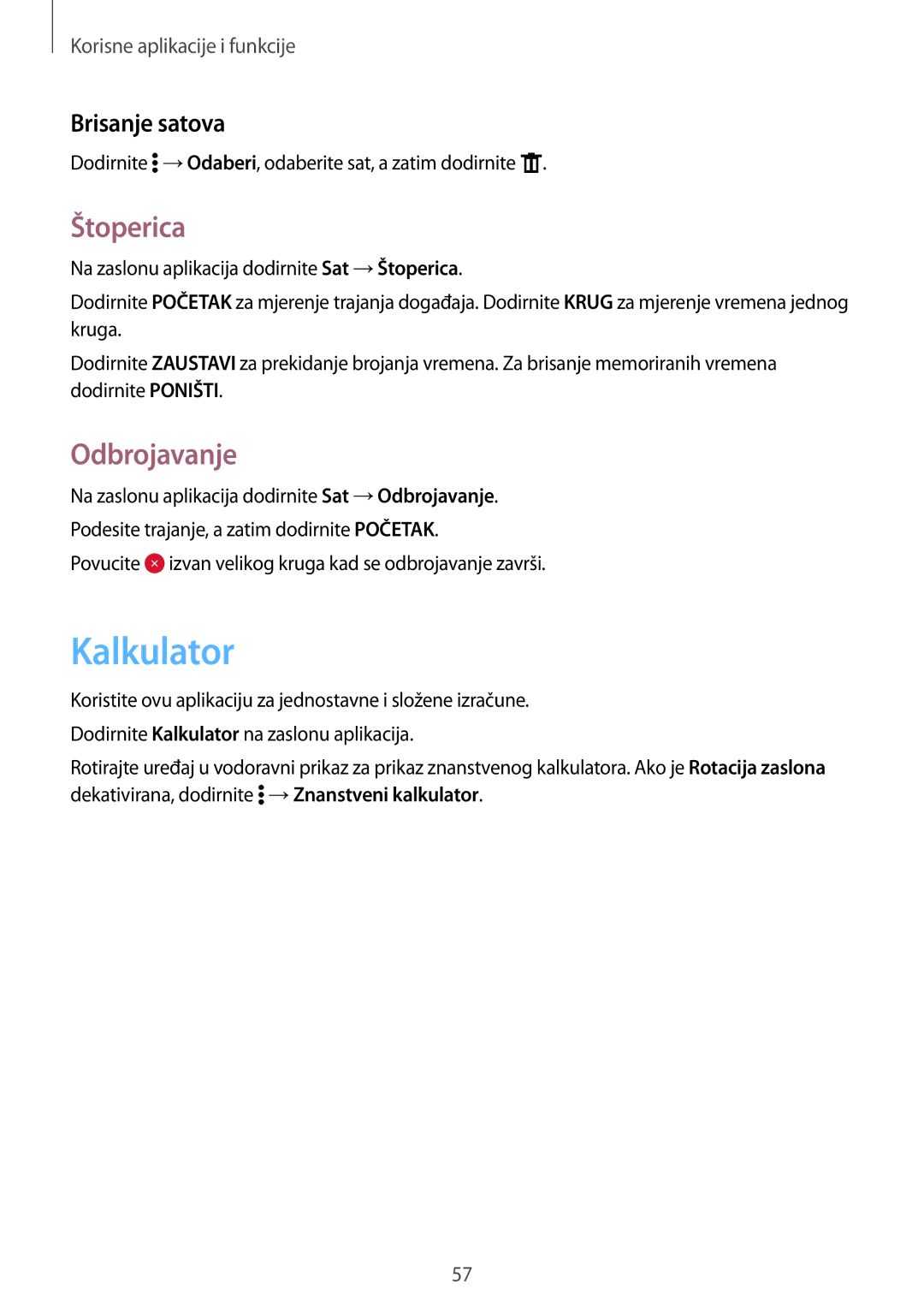 Samsung SM-G361FZWASEE manual Kalkulator, Štoperica, Odbrojavanje, Brisanje satova 