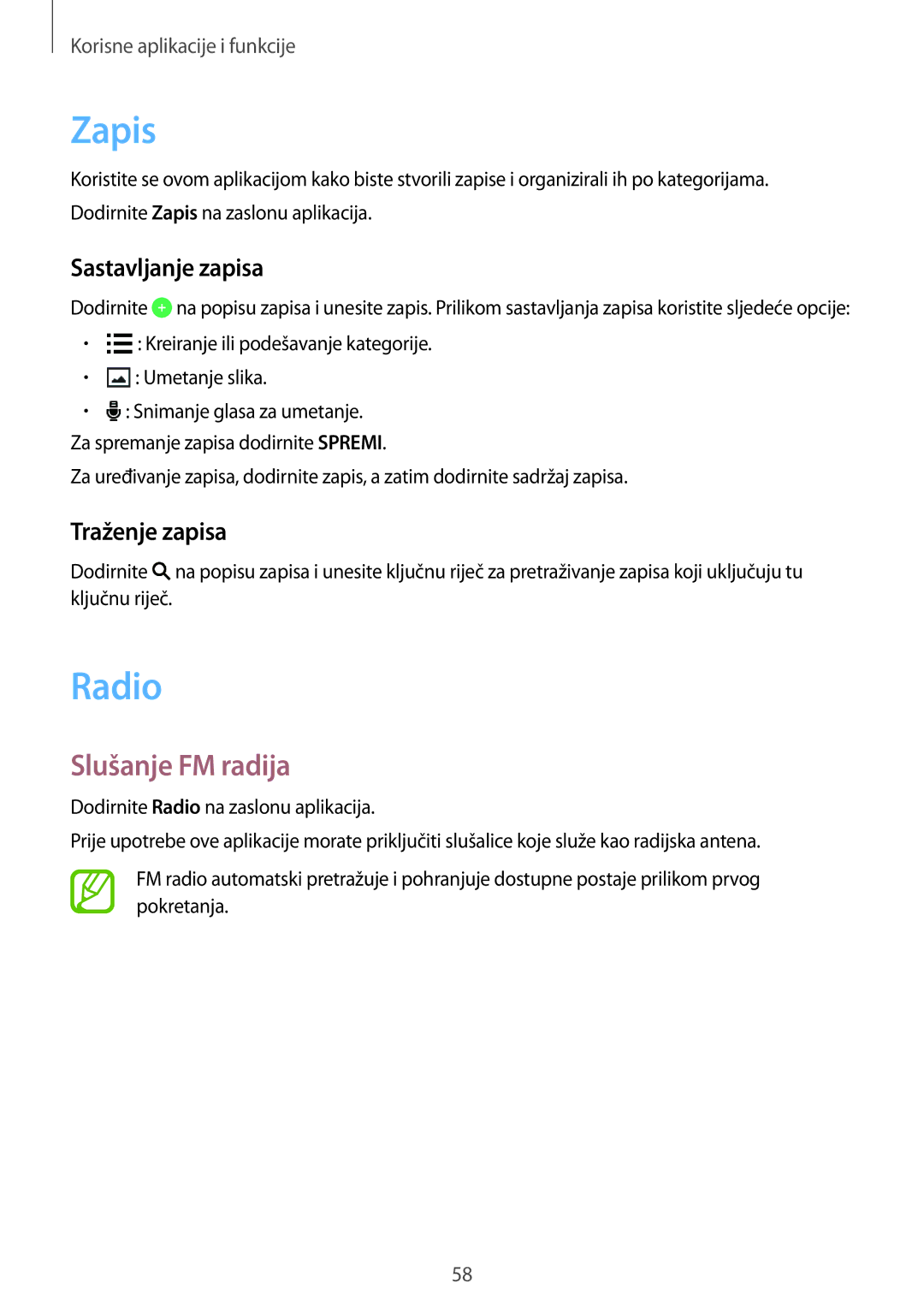 Samsung SM-G361FZWASEE manual Zapis, Radio, Slušanje FM radija, Sastavljanje zapisa, Traženje zapisa 