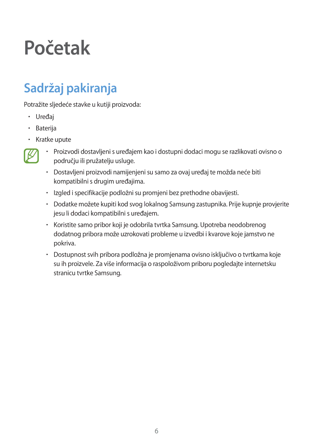 Samsung SM-G361FZWASEE manual Početak, Sadržaj pakiranja 