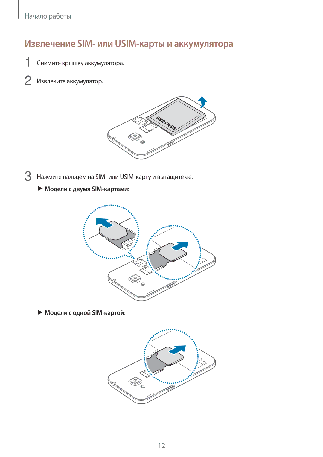 Samsung SM-G361HHADSER, SM-G361HZWDSER, SM-G361HZSDSER manual Извлечение SIM- или USIM-карты и аккумулятора 