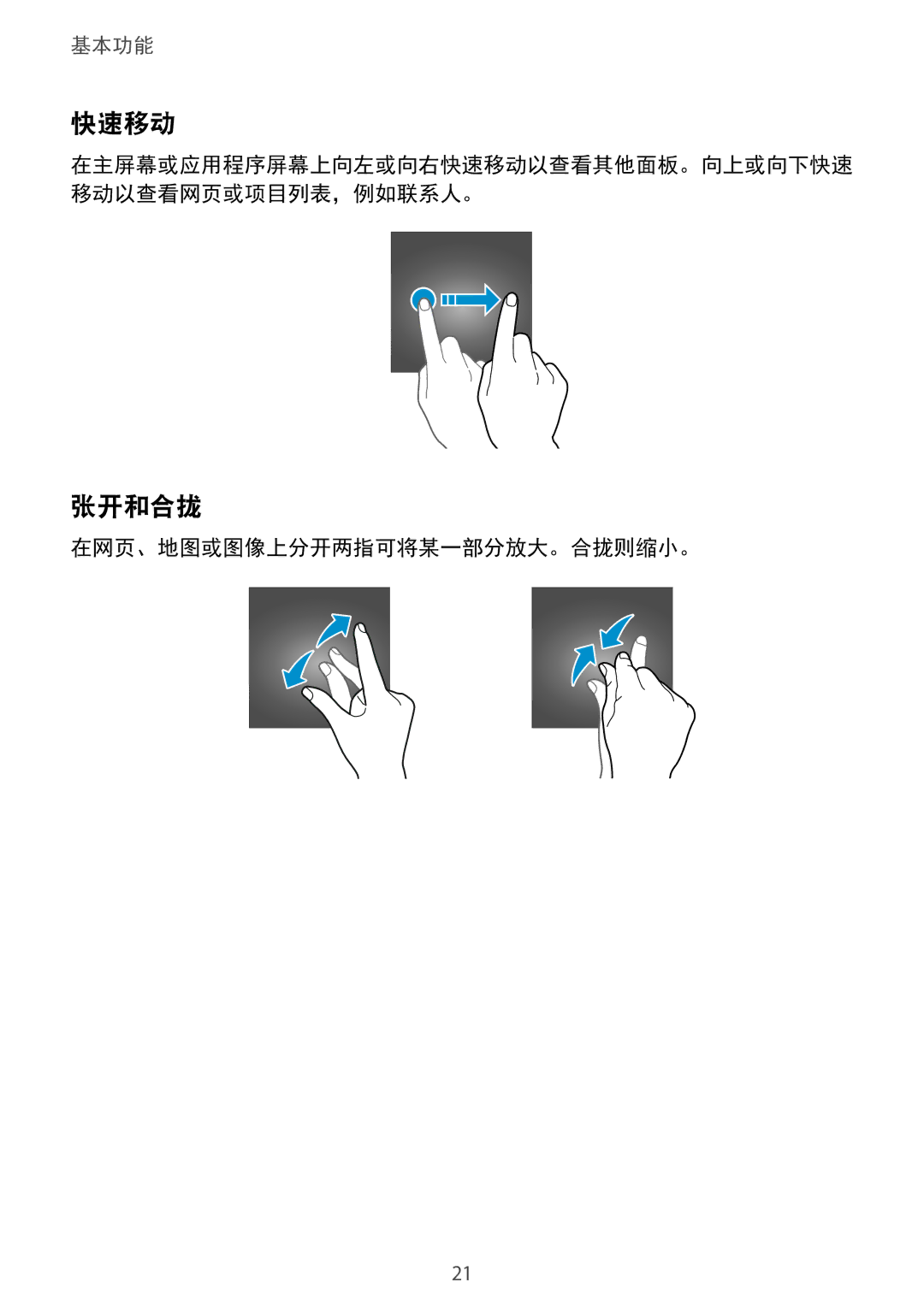 Samsung SM-G361HZSDXXV manual 快速移动, 张开和合拢, 在网页、地图或图像上分开两指可将某一部分放大。合拢则缩小。 