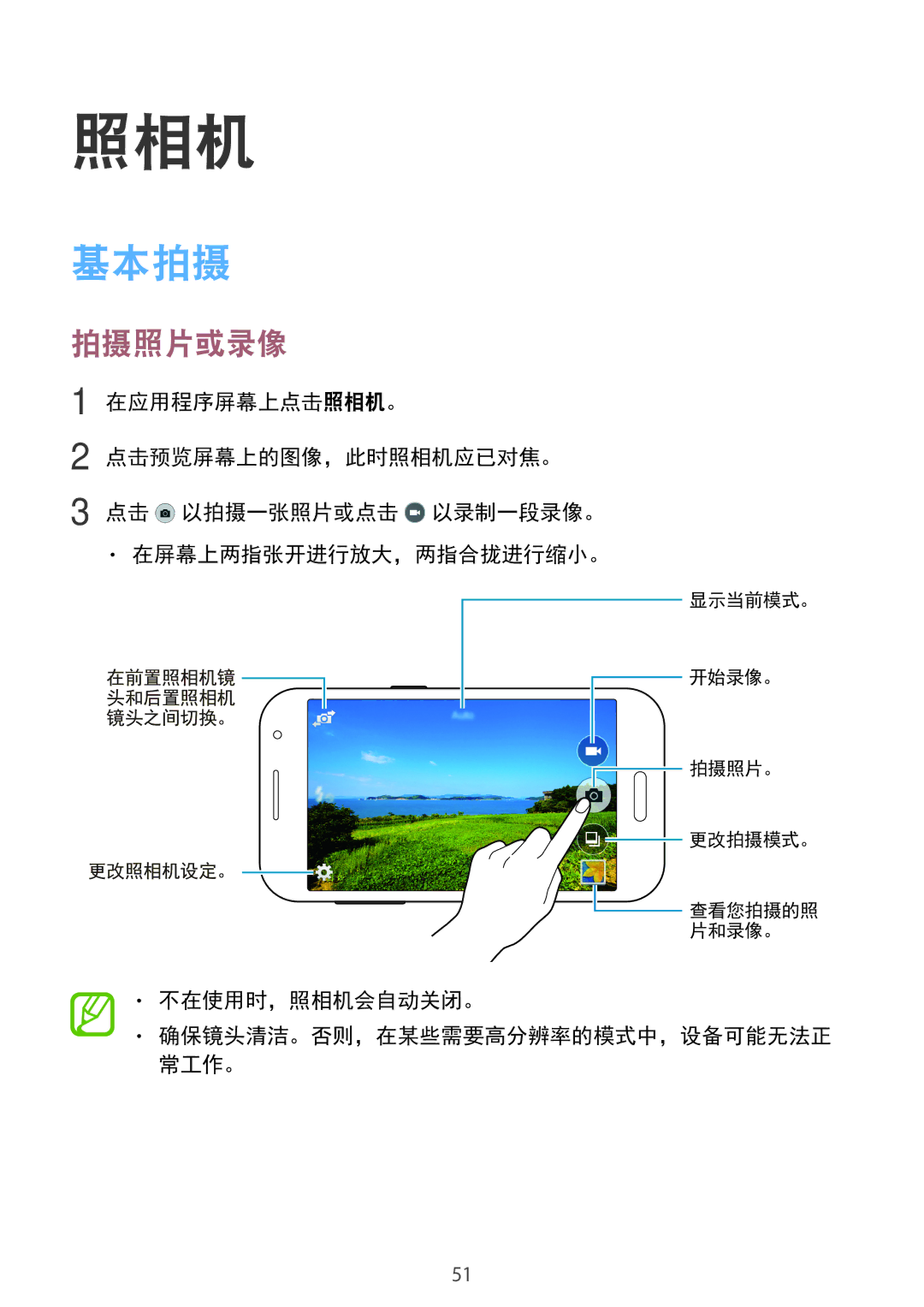 Samsung SM-G361HZSDXXV manual 基本拍摄, 拍摄照片或录像, 不在使用时，照相机会自动关闭。 