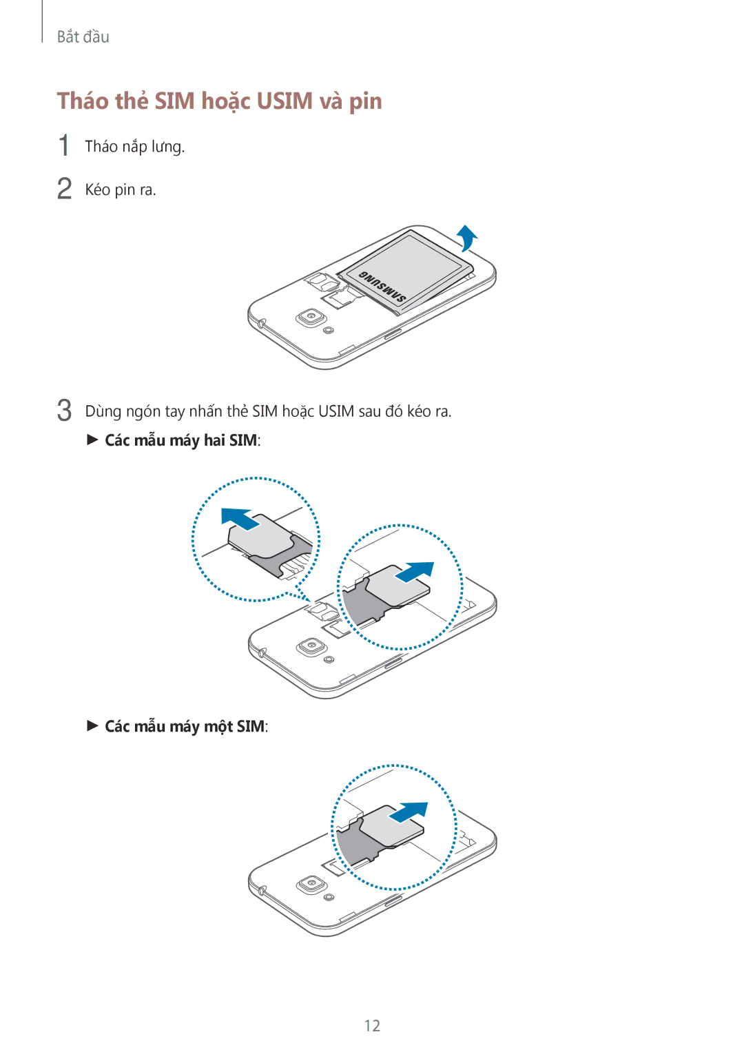 Samsung SM-G361HZSDXXV manual Tháo thẻ SIM hoặc Usim và pin 