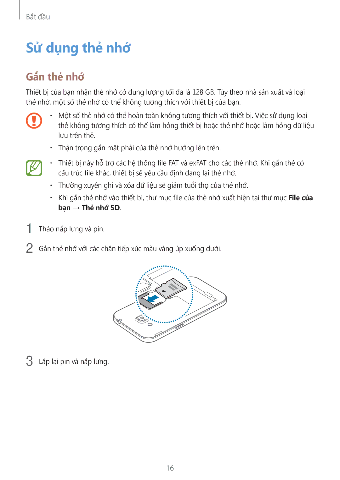 Samsung SM-G361HZSDXXV manual Sử dụng thẻ nhớ, Gắn thẻ nhớ 