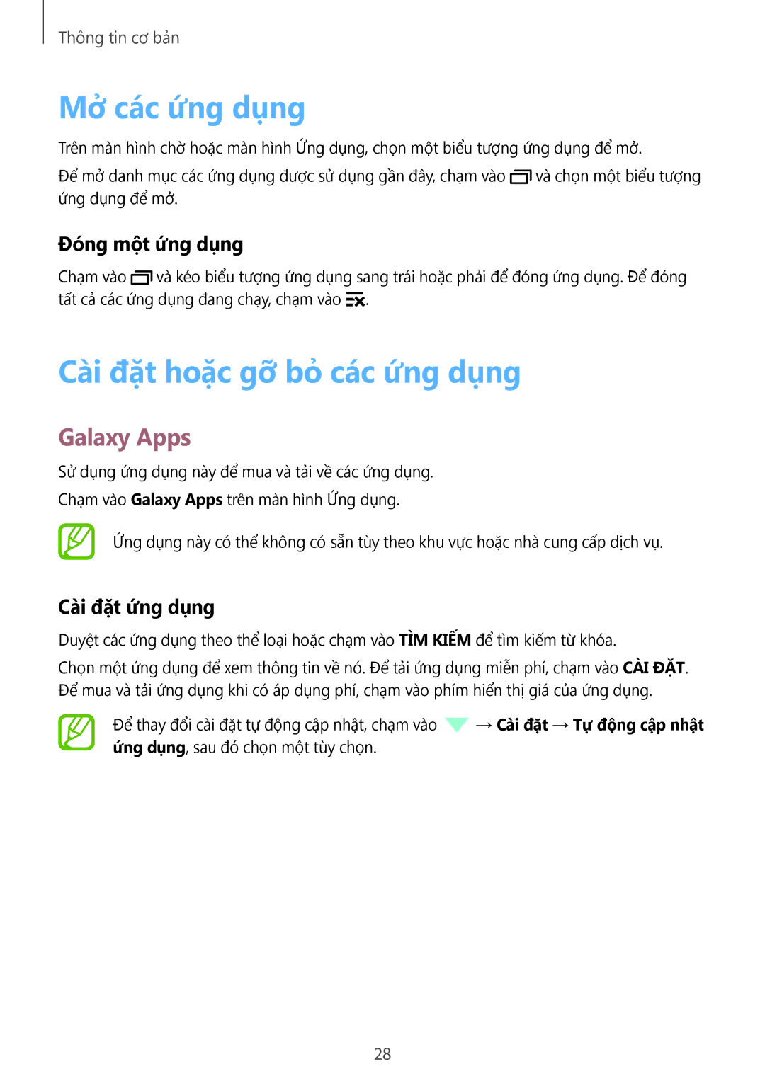 Samsung SM-G361HZSDXXV Mở các ứng dụng, Cài đặt hoặc gỡ bỏ các ứng dụng, Galaxy Apps, Đóng một ứng dụng, Cài đặt ứng dụng 