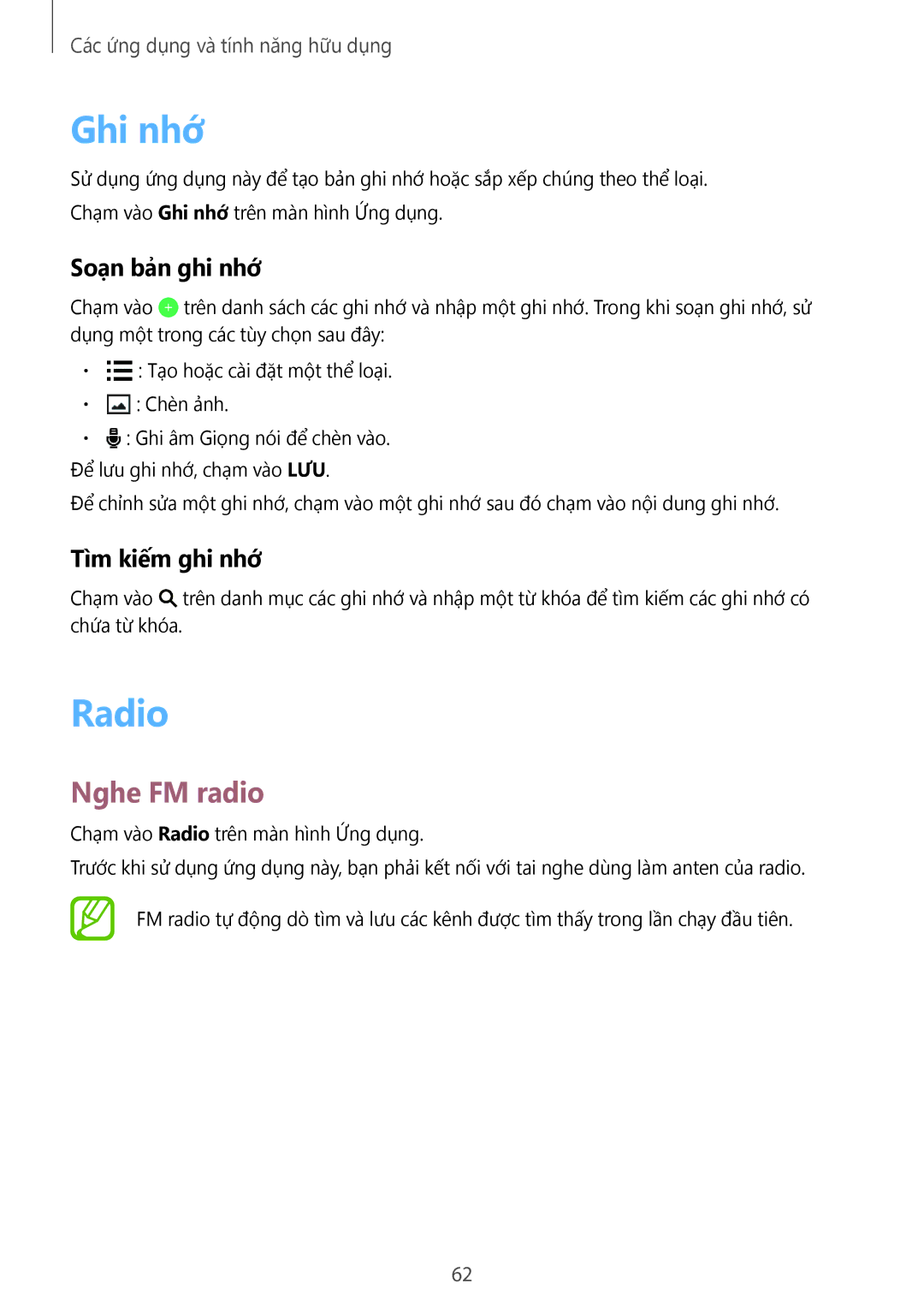 Samsung SM-G361HZSDXXV manual Ghi nhớ, Radio, Nghe FM radio, Soạn bản ghi nhớ, Tìm kiếm ghi nhớ 