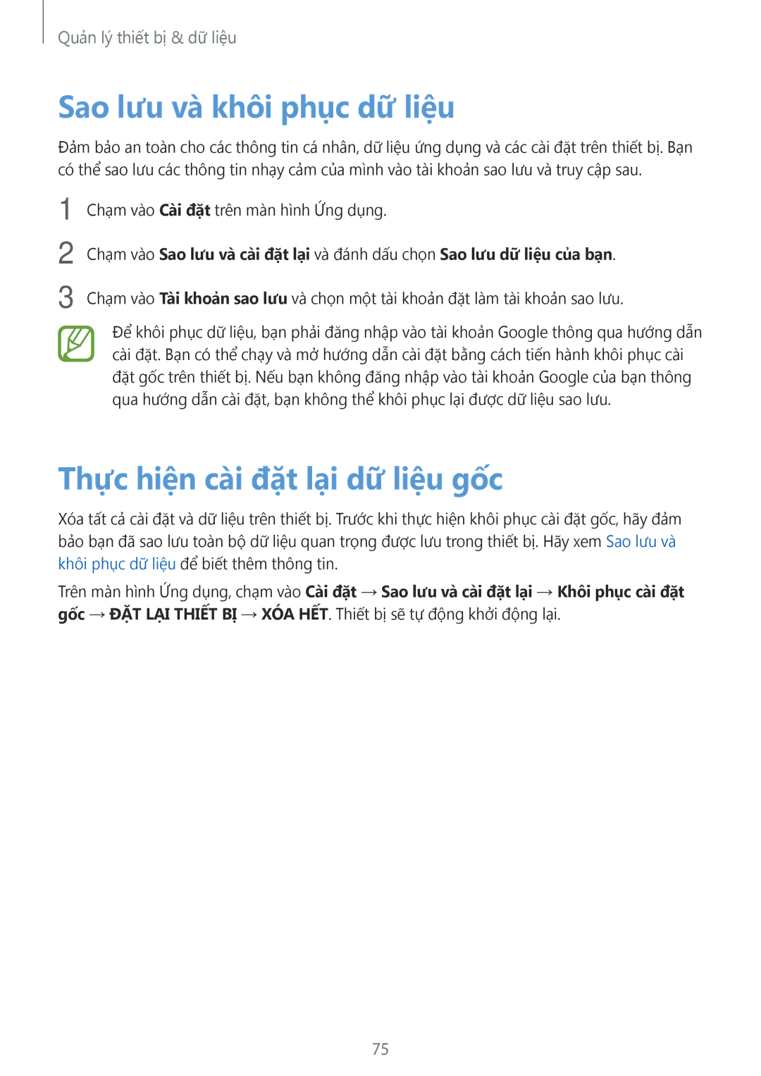 Samsung SM-G361HZSDXXV manual Sao lưu và khôi phục dữ liệu, Thực hiện cài đặt lại dữ liệu gốc 