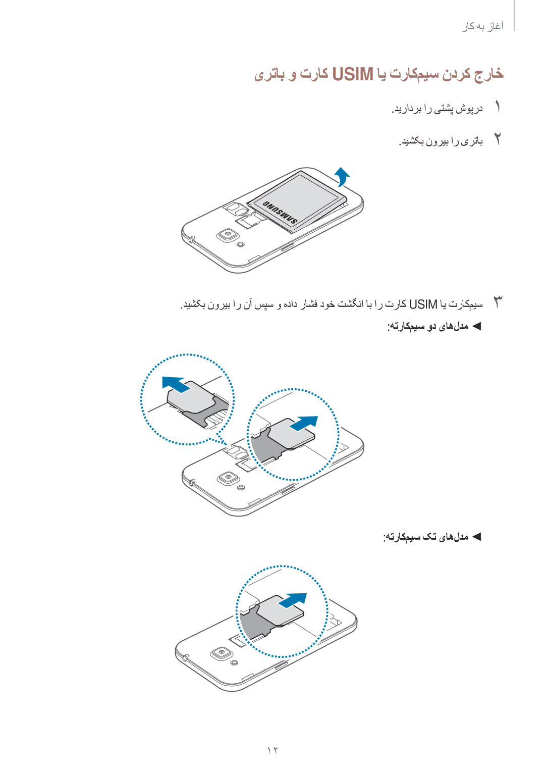 Samsung SM-G361HZWDKSA manual یرتاب و تراک Usim ای تراک‌میس ندرک جراخ, دیرادرب ار یتشپ شوپرد1 دیشکب نوریب ار یرتاب2 