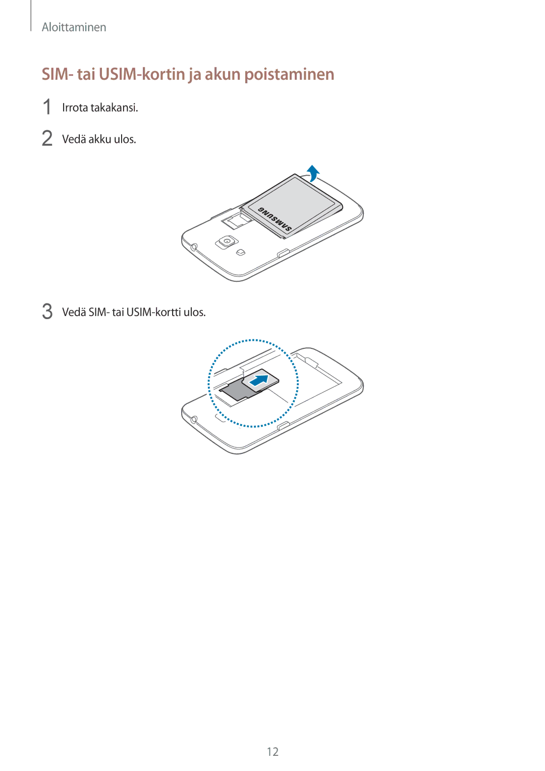 Samsung SM-G3815RWANEE, SM-G3815ZBANEE, SM-G3815HKANEE manual SIM- tai USIM-kortin ja akun poistaminen 