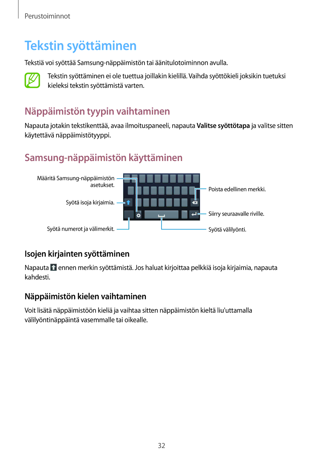 Samsung SM-G3815HKANEE manual Tekstin syöttäminen, Näppäimistön tyypin vaihtaminen, Samsung-näppäimistön käyttäminen 