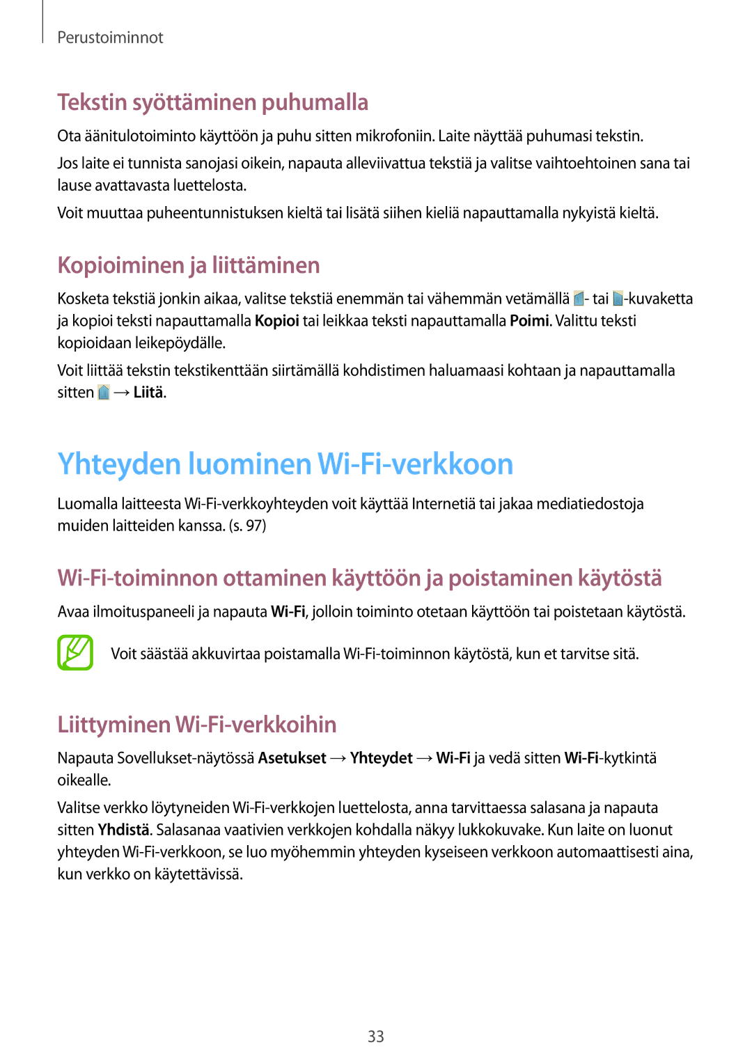 Samsung SM-G3815RWANEE manual Yhteyden luominen Wi-Fi-verkkoon, Tekstin syöttäminen puhumalla, Kopioiminen ja liittäminen 