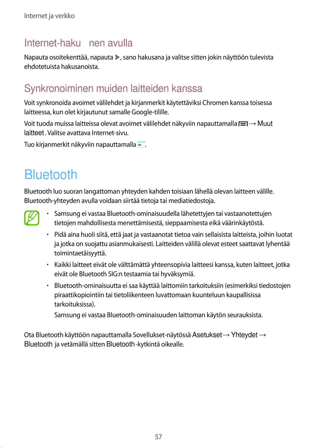 Samsung SM-G3815RWANEE, SM-G3815ZBANEE, SM-G3815HKANEE manual Bluetooth, Synkronoiminen muiden laitteiden kanssa 